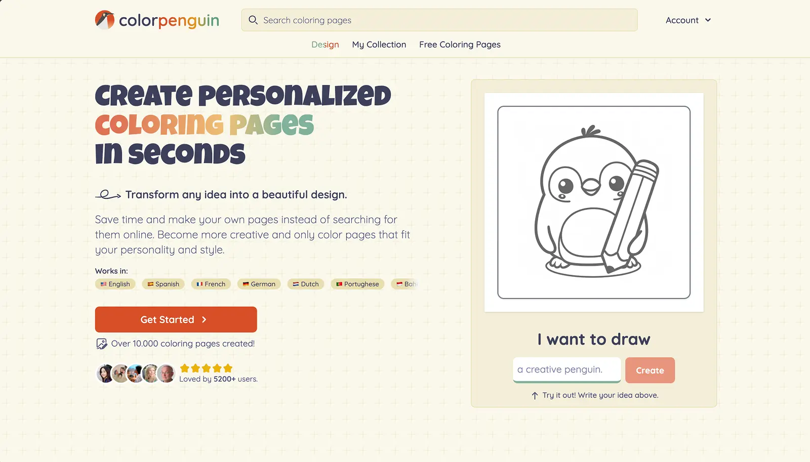 ColorPenguin homepage showing an AI coloring page product