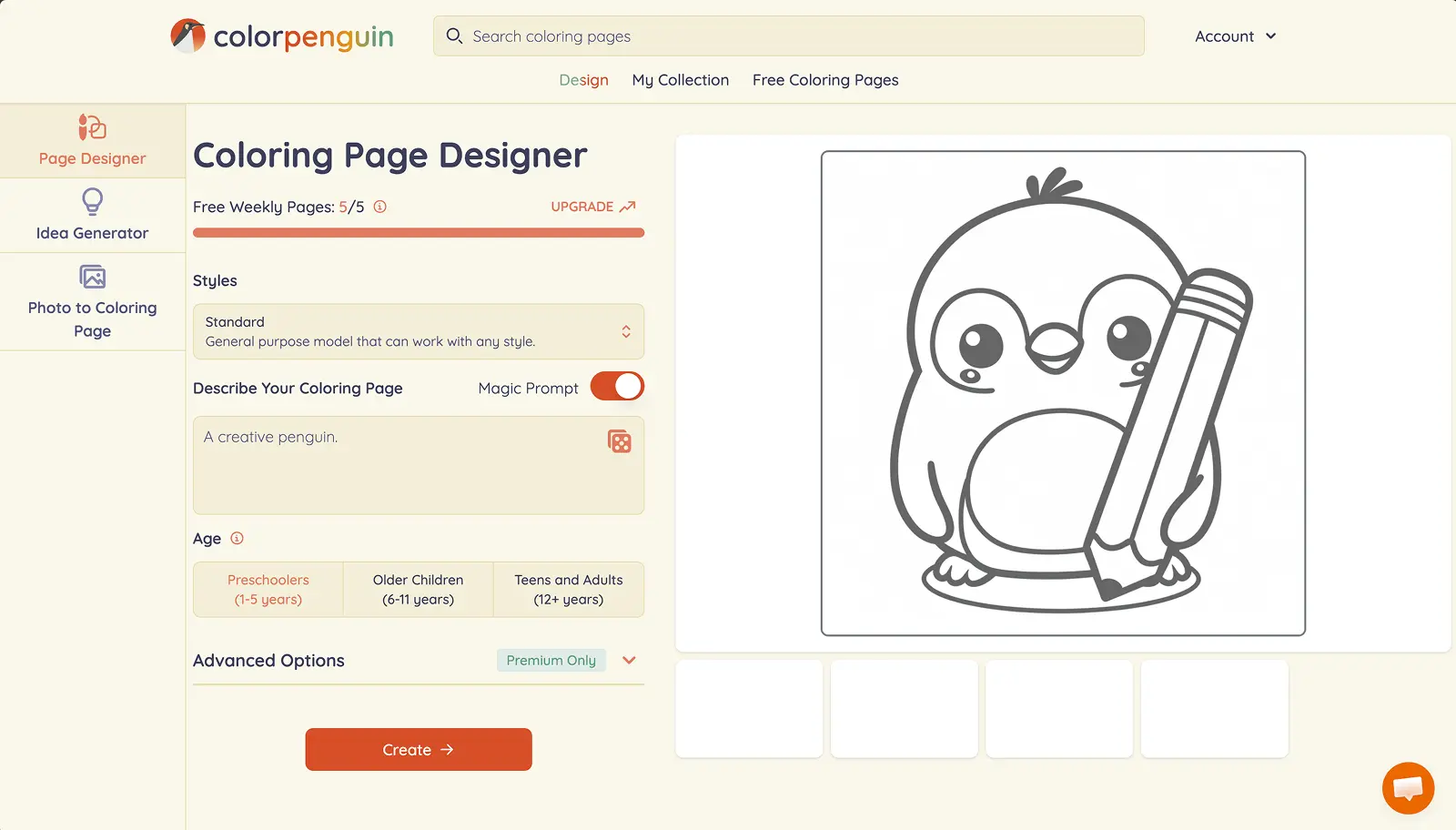 ColorPenguin page designer interface with prompt, age, style, and generated preview