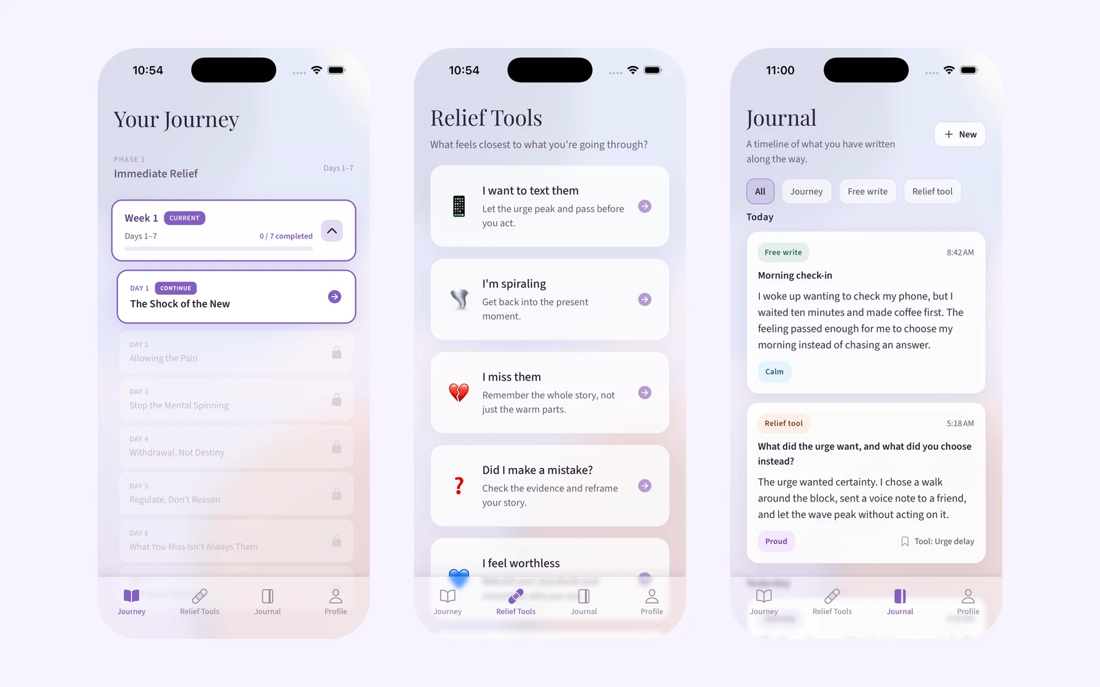 Detach90 home and journey screens showing recovery progress, daily support, and journal history