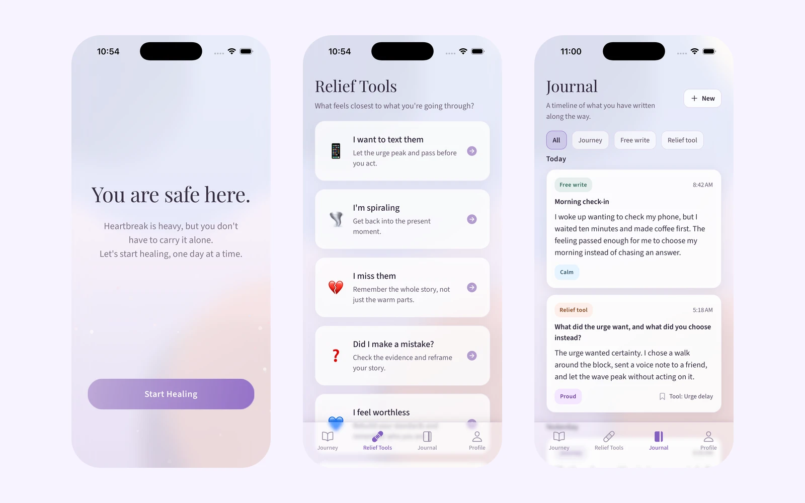 Detach90 mobile app screens for welcome, journey progress, and grounding relief tools