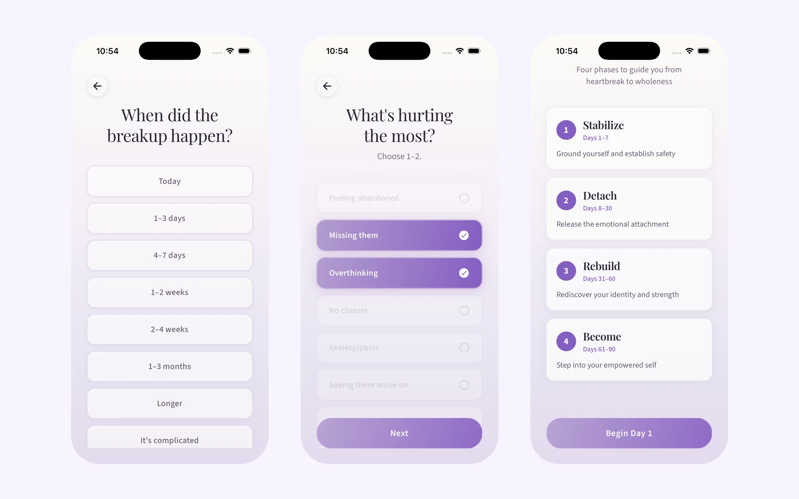 Detach90 onboarding screens for starting healing, choosing what hurts, and personalizing breakup recovery support
