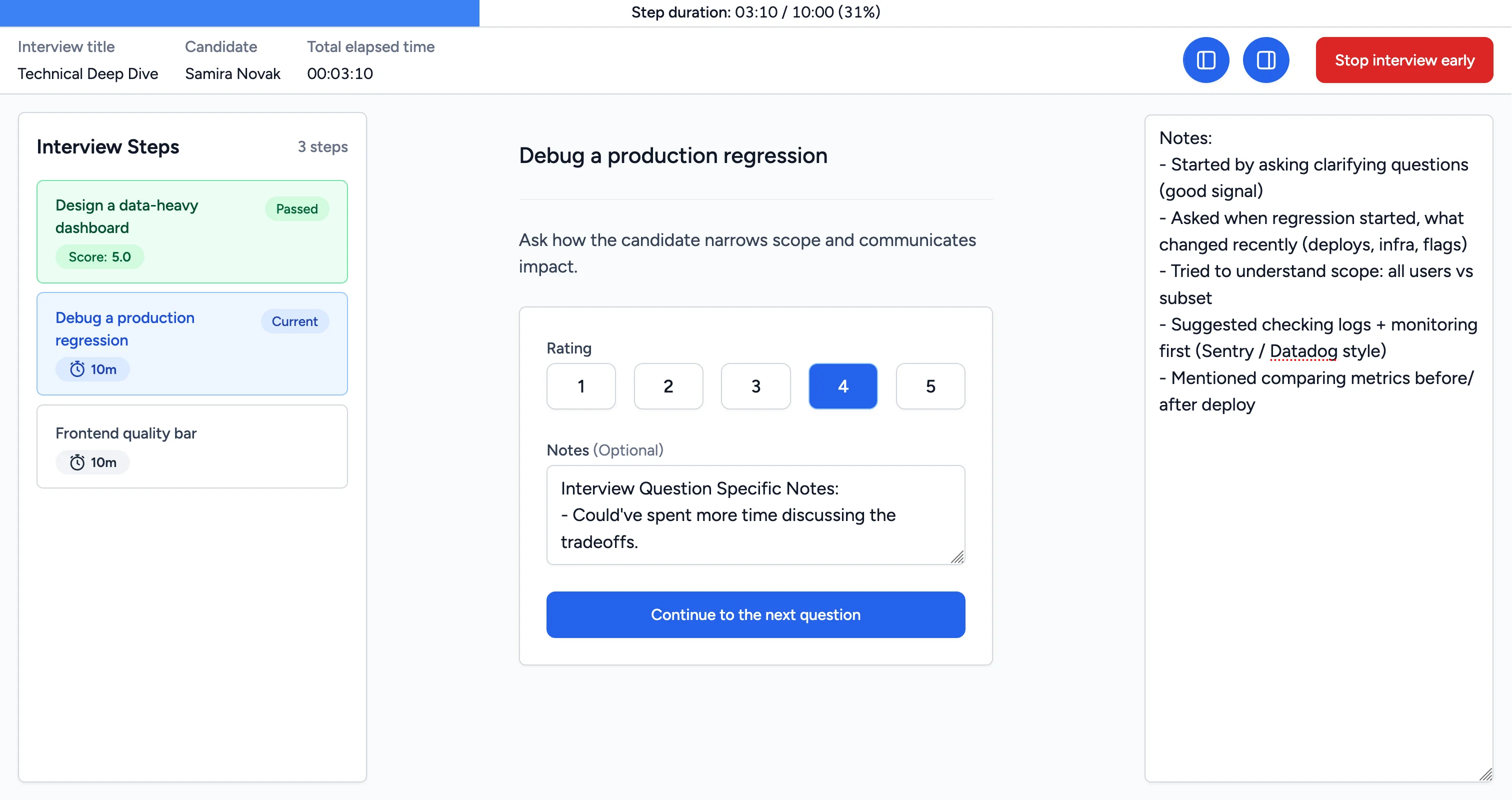 Hiringflow guided interview session with prompts, notes, timer, and ratings