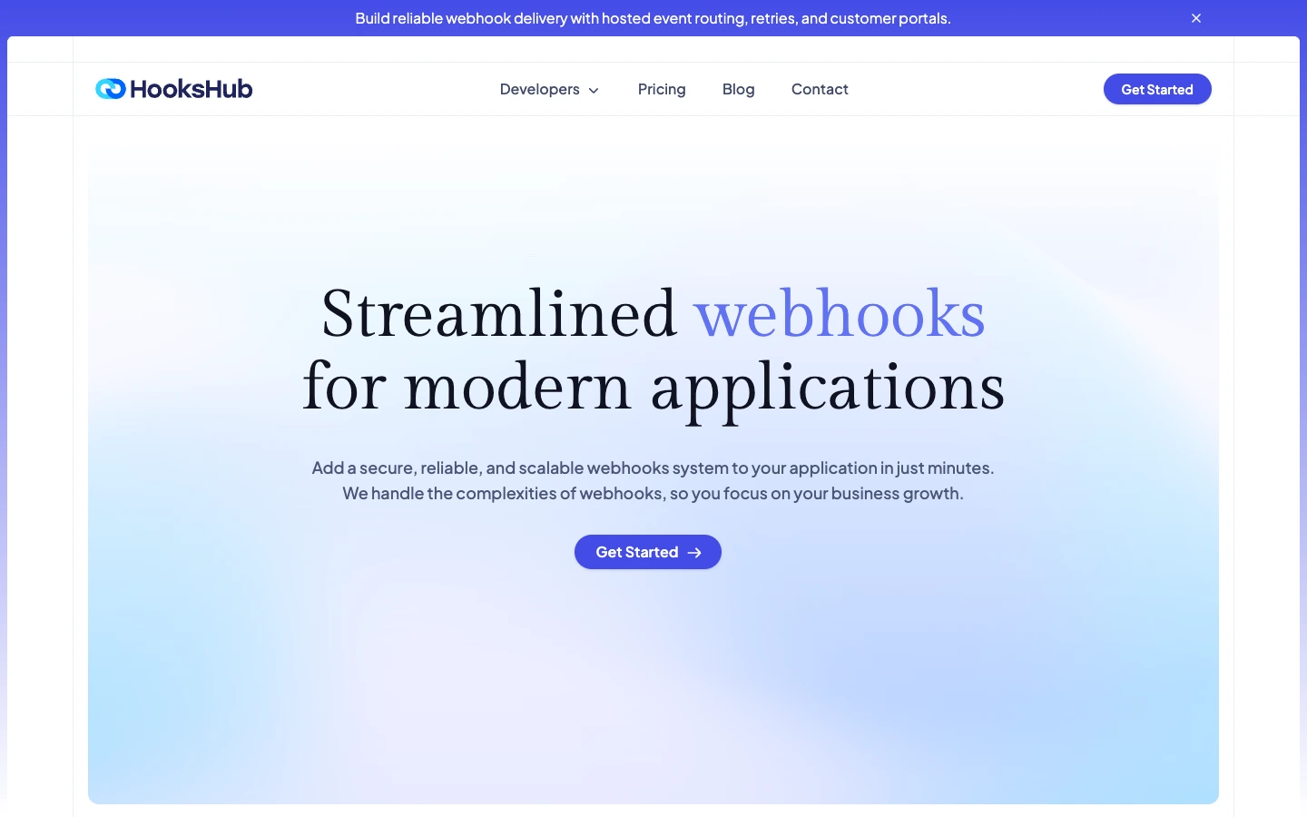 Hookshub homepage showing webhook infrastructure software