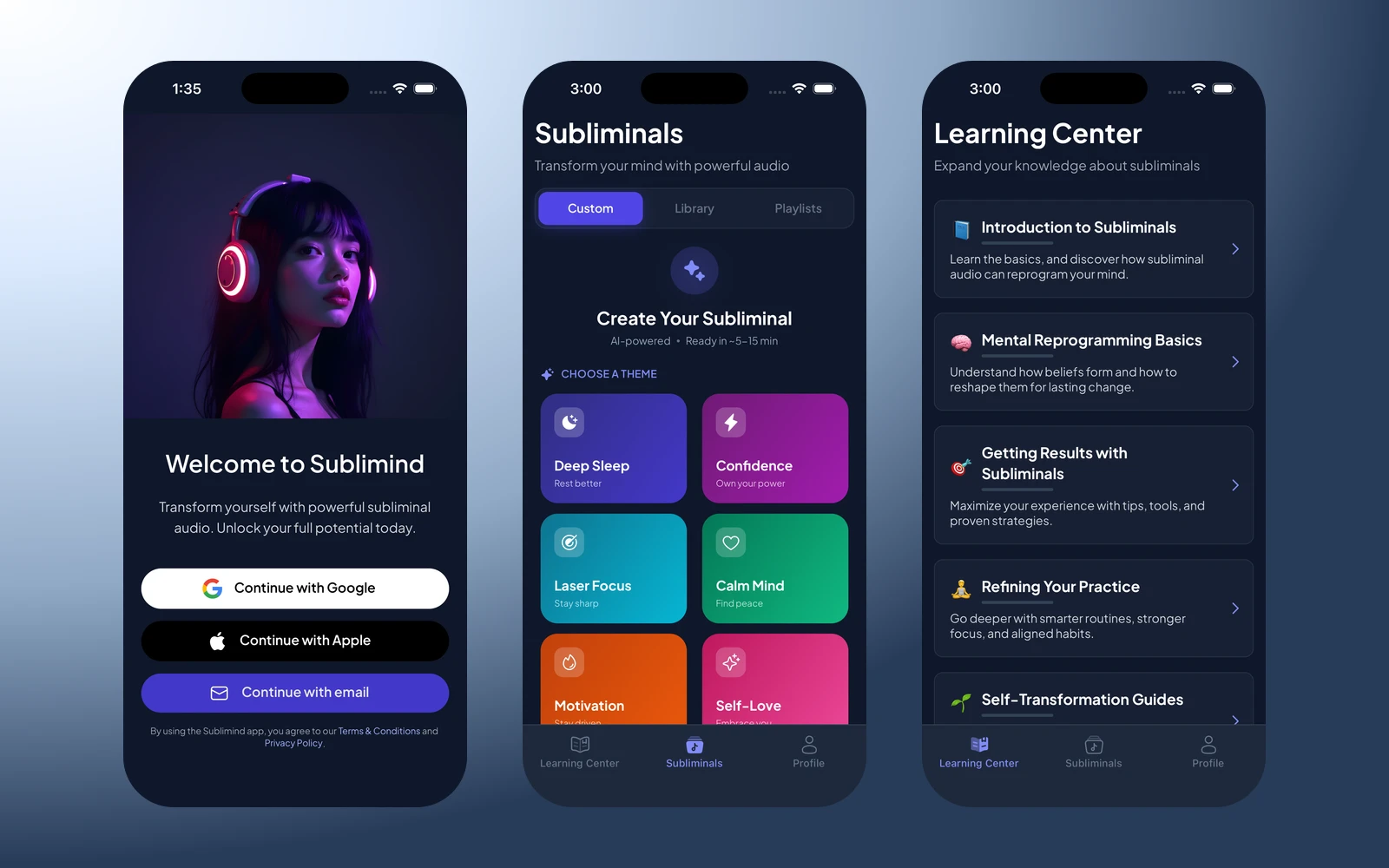 Sublimind mobile app screens for welcome, custom subliminal creation, and learning center