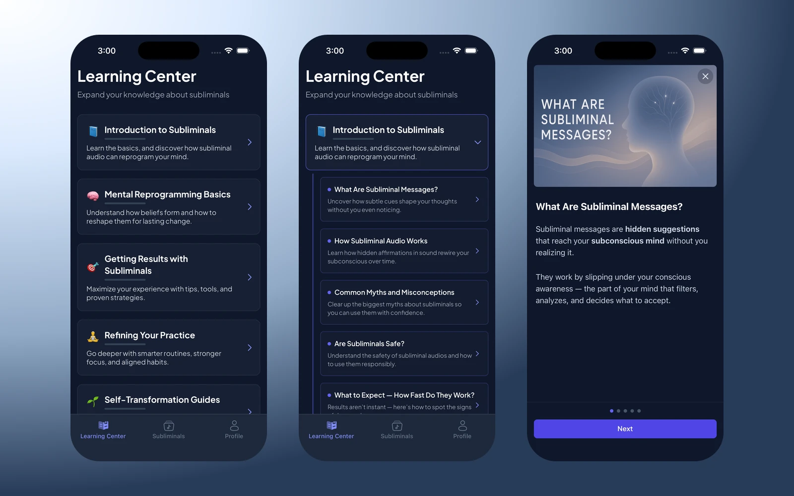 Sublimind learning center lesson list, lesson content, and completed progress screens