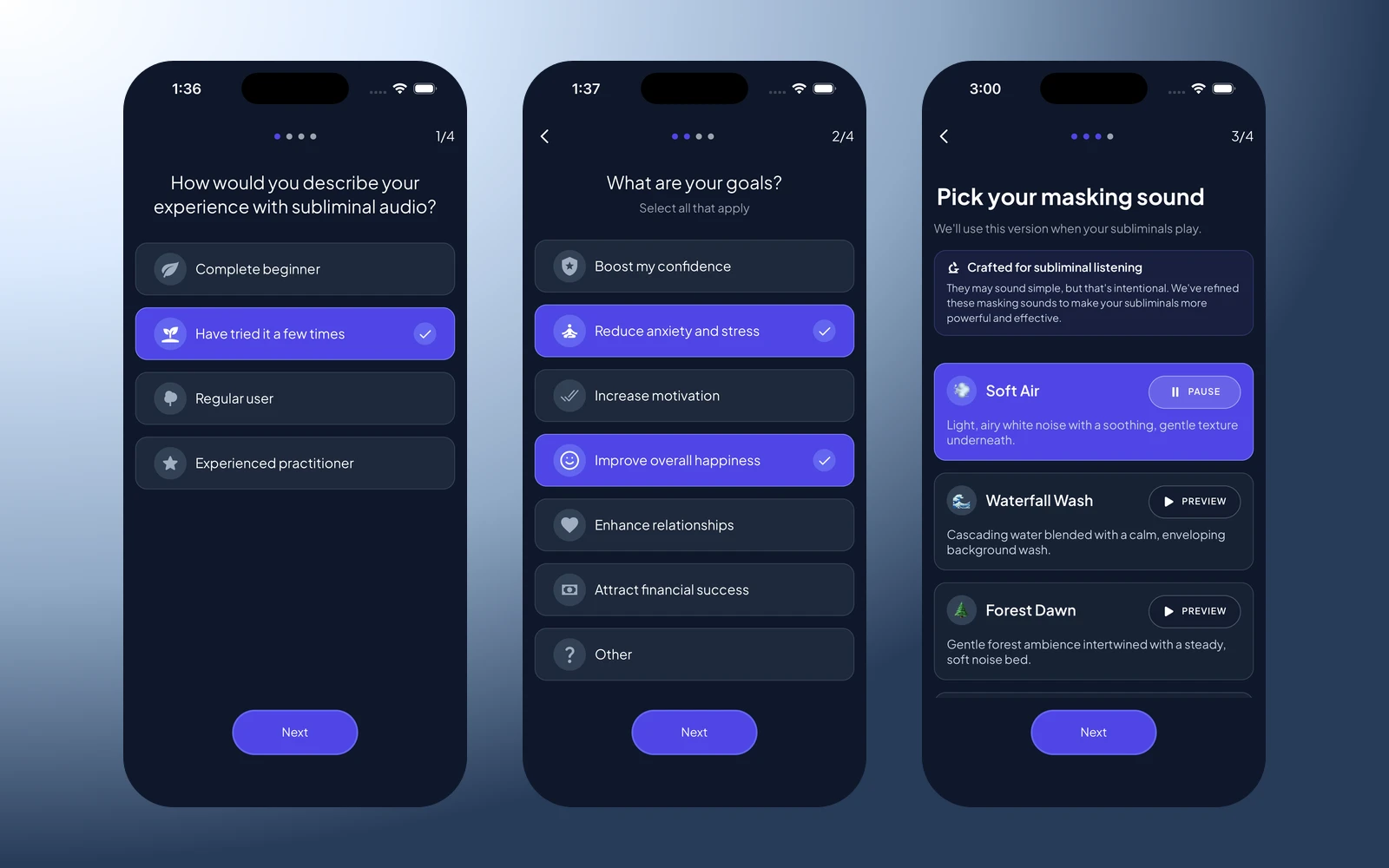 Sublimind onboarding screens for experience level, goals, and masking sound selection