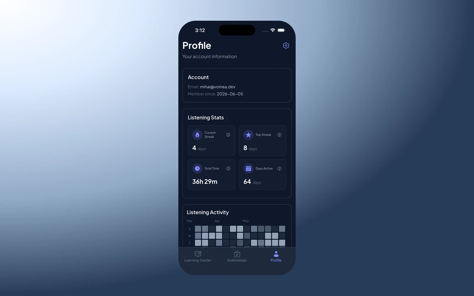 Sublimind profile screen with listening stats and activity