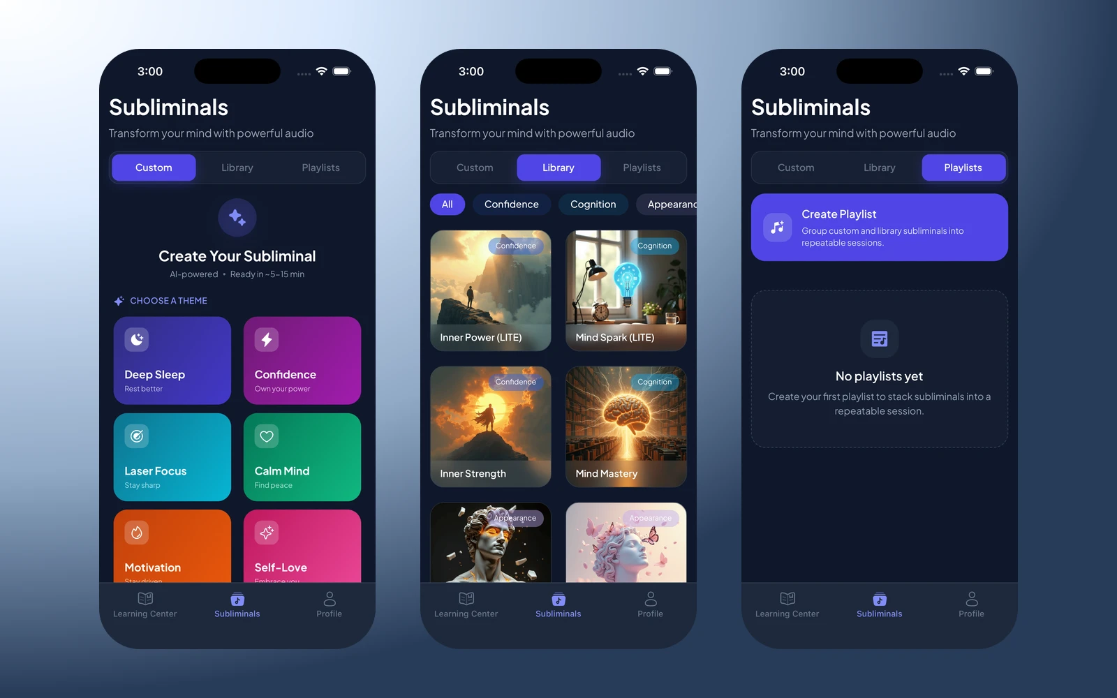 Sublimind custom, library, and playlists screens